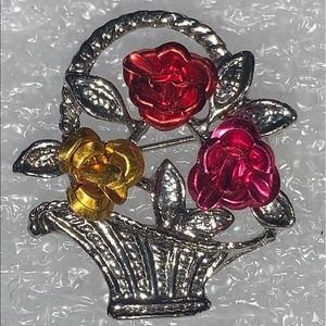 Red, Pink, & Gold Roses in Silver Tone Basket Brooch/Pin